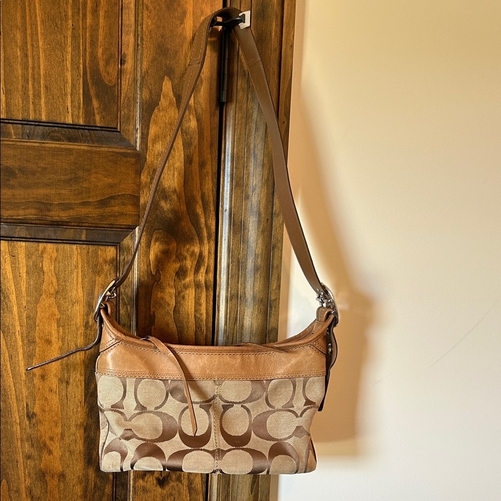 Coach Brown and Tan Signature Shoulder Bag